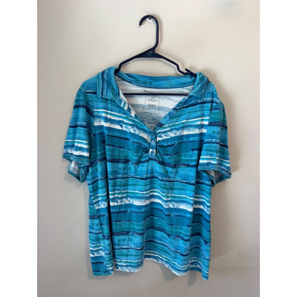 Lane Bryant Blue Striped Supima Cotton Short Sleeve Polo Top Plus Size 26/28